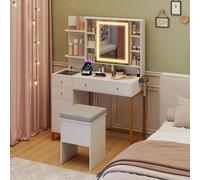 COSTWAY Coiffeuse avec Miroir et Tabouret, Bureau Coiffeuse, Lumières LED 3 Couleurs, Station de Charge, Table de Maquillage, Armoires, Tiroirs, Étagères Ouvertes, Plateau Transparent, Blanc