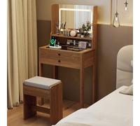 COSTWAY Coiffeuse avec Miroir et Tabouret, Bureau Coiffeuse Moderne, Lumière et Luminosité Réglable, Station de Recharge, Étagère Ouverte, 2 Tiroirs, Table de Maquillage, 64 x 40 x 132 cm (Naturel)