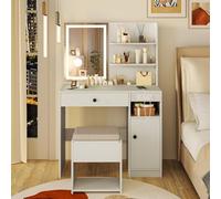 COSTWAY Coiffeuse avec Miroir et Tabouret, Coiffeuse avec Rangement, 3 Modes d'Éclairage, Station de Charge, Tiroir&Étagère Réglable, Table de Maquillage, 90 x 40 x 135,5 cm, Blanc