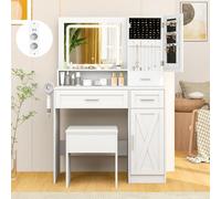 COSTWAY Coiffeuse avec Miroir et Tabouret, Coiffeuse avec Rangement, Lumières et Luminosité Réglable, Station de Charge, Table de Maquillage, Armoire à Bijoux, 3 Tiroirs et Armoire avec Porte, Blanc