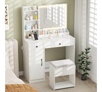 COSTWAY Coiffeuse avec Miroir et Tabouret, Coiffeuse avec Rangement, Lumières et Luminosité Réglable, Station de Charge, Table de Maquillage, Armoire, 2 Tiroirs, 3 Étagères, 3 Compartiments, Blanc