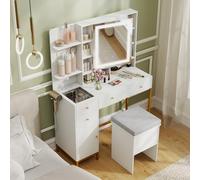 COSTWAY Coiffeuse avec Miroir et Tabouret, Coiffeuse avec Rangement, Lumières LED 3 Couleurs, Station de Charge, Table de Maquillage, Armoires, Tiroirs, Étagères Ouvertes, Plateau Transparent, Blanc
