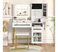 COSTWAY Coiffeuse avec Miroir et Tabouret, Coiffeuse avec Rangement, Lumières Réglable, Station de Charge, Table de Maquillage, Armoire à Bijoux, 3 Tiroirs et Armoire Ouverte, 96 x 39 x 135,5 cm