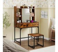 COSTWAY Coiffeuse avec Miroir et Tabouret, Coiffeuse avec Rangement, Station de Charge, 2 Tiroirs, 3 Étagères Ouvertes, Armoire à Miroir, Table de Maquillage pour Chambre Salon