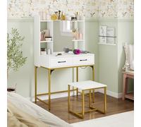 COSTWAY Coiffeuse avec Miroir et Tabouret, Coiffeuse avec Rangement, Station de Charge, 2 Tiroirs, 3 Étagères Ouvertes, Armoire à Miroir, Table de Maquillage pour Chambre Salon (Blanc)