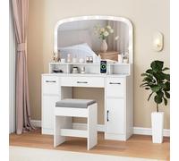 COSTWAY Coiffeuse avec Miroir et Tabouret, Coiffeuse avec Rangement, Station de Charge, 3 Couleurs de Lumière, Table de Maquillage 108 cm de Large, 3 Compartiments, 3 Tiroirs, 2 Armoires (Blanc)