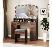 COSTWAY Coiffeuse avec Miroir et Tabouret, Coiffeuse avec Rangement, Station de Charge, 3 Couleurs de Lumière, Table de Maquillage 108 cm de Large, 3 Compartiments, 3 Tiroirs, 2 Armoires (Industriel)