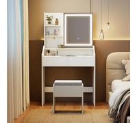 COSTWAY Coiffeuse avec Miroir et Tabouret, Coiffeuse avec Rangement, Station de Recharge, Lumière et Luminosité Réglable, 2 Tiroirs, 3 Étagères Ouvertes, Table de Maquillage pour Chambre Salon