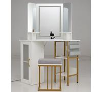 COSTWAY Coiffeuse avec Miroir et Tabouret, Coiffeuse d'Angle avec 3 Miroirs, 3 Couleurs, Lumières et Luminosité, Prise Intégrée, Étagères Ouvertes, Armoire Latérale, Table de Maquillage Moderne, Blanc