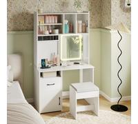 COSTWAY Coiffeuse avec Miroir et Tabouret, Fentes pour Anneaux, Lumière Luminosité Réglable, Station de Charge, Table de Maquillage, Armoires, Étagères, Tiroir, Compartiment, Coussin Amovible, Blanc