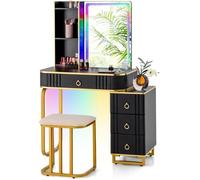 Costway Coiffeuse Avec Miroir Et Tabouret - Lumière Led Rvb, Chargeur Sans Fil, Usb, Type-C, Télécommande - Cadre En Métal Doré Noir