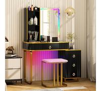COSTWAY Coiffeuse avec Miroir LED, Table de Maquillage avec Tabouret Rembourré, 4 Tiroirs, Lumières LED RVB avec 7 Modes Dynamiques, Station De Charge sans Fil, USB, Type-C, Style Moderme, Noir