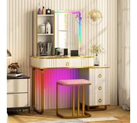 COSTWAY Coiffeuse avec Miroir LED, Table de Maquillage avec Tabouret Rembourré, 4 Tiroirs, Lumières LED RVB avec 7 Modes Dynamiques, Station De Charge sans Fil, USB, Type-C, Style Moderme, Blanc