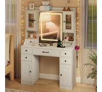 COSTWAY Coiffeuse avec Miroir, Lumières et Luminosité Réglable, Station de Charge, Bureau Coiffeuse, Support pour Sèche-Cheveux, 6 Tiroirs, 4 Armoires, Étagères, Table de Maquillage, 105 x 40 x 150 cm