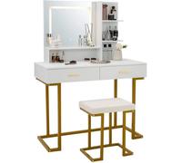 COSTWAY Coiffeuse avec Miroir Lumineux et Tabouret, Cadre en Acier avec 2 Tiroirs, 2 Étagères pour Chambre, Vestiaire
