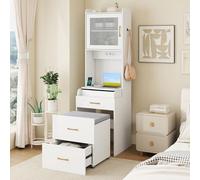 COSTWAY Coiffeuse avec Miroir Rabattable et Tabouret, Armoire, Étagère Réglable, Tabouret Mobile, Tiroirs, Bureau Coiffeuse, Station de Charge, Crochets, Table de Maquillage Étroite, 52 x 51 x 175 cm