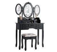 COSTWAY Coiffeuse avec Miroirs Pliable，Table de Maquillage avec Tabouret Capitonné, 7 Ttiroirs et 1 Etagère Ouverte, Style Classique Noir