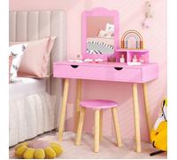 COSTWAY Coiffeuse avec Tabouret Enfants 3-7 Ans, Miroir Rectangulaire Amovible, 1 Peigne, 2 Grands Tiroirs en Bois, Rose Fonce