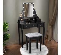 COSTWAY Coiffeuse avec tabouret, miroir pivotant à 360° & 10 ampoules LED avec 5 tiroirs, partie supérieure amovible & organisateur Noir