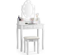 COSTWAY Coiffeuse avec tabouret, miroir pivotant à 360° et 10 ampoules LED à intensité variable, coiffeuse composée d'une table et d'une partie supérieure amovible, table de maquillage avec 4 tiroirs,