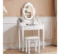 COSTWAY Coiffeuse avec tabouret, miroir pivotant à 360° et 10 ampoules LED à intensité variable, coiffeuse composée d'une table et d'une partie supérieure amovible, table de maquillage avec 4 tiroirs,