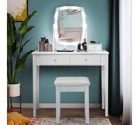 COSTWAY Coiffeuse avec tabouret, miroir pivotant à 360° et 10 ampoules LED réglables, coiffeuse à 4 tiroirs, table de maquillage en table et partie supérieure amovible, blanc