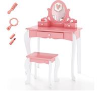 COSTWAY Coiffeuse avec Tabouret pour Enfants de Style Princesse avec Miroir Pivotant à 360° Amovible et 3 Tiroirs Rose et Blanc