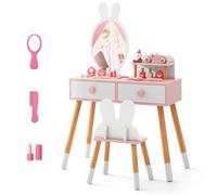 COSTWAY Coiffeuse Enfant 2 en 1 avec Miroir en Forme Lapin,Table de Maquillage en Bois avec Tabouret Mignon,2 Tiroirs,Étagère de Rangement,Style de Princesse pour Fille (Blanc)…