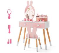 COSTWAY Coiffeuse Enfant 2 en 1 avec Miroir en Forme Lapin,Table de Maquillage en Bois avec Tabouret Mignon,2 Tiroirs,Étagère de Rangement,Style de Princesse pour Fille(Rose)…