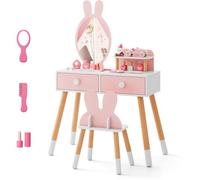 COSTWAY Coiffeuse Enfant avec Chaise et Miroir en Forme Lapin, Table de Maquillage 2 Tiroirs et Étagère, en Bois Rose
