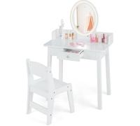 COSTWAY Coiffeuse Enfant avec Chaise, Miroir Éclairé LED Bicolore, Tiroir et Organisateur de Bijoux en Forme d Arbre, 60 x 35 x