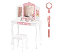 COSTWAY Coiffeuse Enfant avec Tabouret & Miroir à 3 Volets, Table de Maquillage avec Tiroir, Dessus Amovible et Pieds Antidérapants, Motifs Étoiles Scintillantes