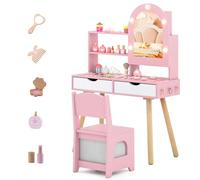 COSTWAY Coiffeuse Enfant Fille avec Chaise et Miroir Lumineux, Bureau Enfant avec 2 Tiroirs & Compartiments & Étagère Ouverte, Table de Maquillage Princesse pour 3 Ans+, Charge 20/70kg (Rose)