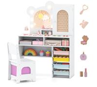 COSTWAY Coiffeuse Enfant Fille avec Chaise et Miroir Lumineux, Bureau Enfant avec 5 Tiroirs, 2 Compartiments, Armoire, Étagère Ouverte, pour Chambre d'enfant, Salle de Jeux, 3+ Ans (Blanc)