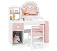 COSTWAY Coiffeuse Enfant Fille avec Chaise et Miroir Lumineux, Bureau Enfant avec Bibliothèque Ouverte & Tiroir & Compartiment & Étagères, Style Princesse, Charge 50/75kg pour 3 Ans+ (Blanc)