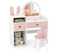 COSTWAY Coiffeuse Enfant Fille avec Chaise et Miroir Lumineux, Bureau Enfant en Forme de Lapin avec Étagères Ouvertes et Tiroirs de Rangement, pour Chambre d'enfant, Salle de Jeux, 3+ Ans (Blanc)
