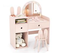 COSTWAY Coiffeuse Enfant Fille avec Chaise et Miroir Lumineux, Bureau Enfant en Forme de Lapin avec Étagères Ouvertes et Tiroirs de Rangement, pour Chambre d'enfant, Salle de Jeux, 3+ Ans (Rose)