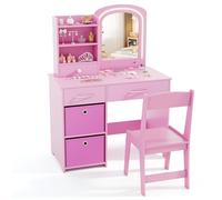 COSTWAY Coiffeuse Enfant Fille avec Chaise & Miroir Lumineux, Bureau Enfant Fille avec 3 Étagères & 3 Tiroirs & 2 Bacs en Tissu, Dispositif Anti-basculement, Charge 50/75kg pour 3 Ans+ (Rose)