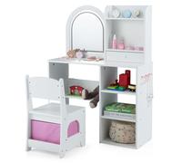 COSTWAY Coiffeuse Enfant Fille avec Chaise & Miroir Lumineux LED, Bureau Enfant Fille avec Tiroir & Étagères & Compartiment, 2 Bacs en Tissu, Style Princesse, Charge 20/50kg pour 3 Ans+ (Blanc)