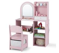 COSTWAY Coiffeuse Enfant Fille avec Chaise & Miroir Lumineux LED, Bureau Enfant Fille avec Tiroir & Étagères & Compartiment, 2 Bacs en Tissu, Style Princesse, Charge 20/50kg pour 3 Ans+ (Rose)