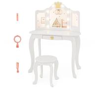 COSTWAY Coiffeuse Enfant Fille avec Lumière LED à 3 Couleurs & Miroir à Trois Volets, Table de Maquillage avec Tiroir & Motif Couronne, Dispositif Anti-basculement, Charge 50/50kg pour 3-7 Ans