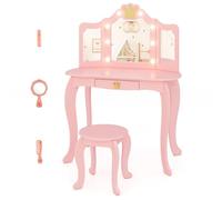 COSTWAY Coiffeuse Enfant Fille avec Lumière LED à 3 Couleurs & Miroir à Trois Volets, Table de Maquillage avec Tiroir & Motif Couronne, Dispositif Anti-basculement, Charge 50/50kg pour 3-7 Ans
