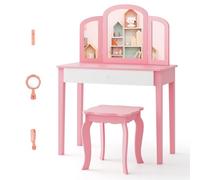 COSTWAY Coiffeuse Enfant Fille avec Miroir à Trois Volets & Tabouret, Table de Maquillage Enfant avec Dessus Amovible & 3 Accessoires, Design Princesse, Bureau Enfant pour 3 Ans+ (Rose)