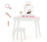 COSTWAY Coiffeuse Enfant Fille avec Miroir & Lumière LED à 3 Couleurs, Table de Maquillage et Chaise avec Tiroir et Forme de Couronne, Dispositif Anti-basculement, Charge 50/50kg pour 3-7 Ans