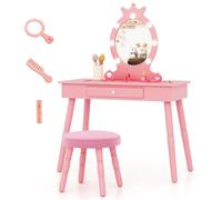 COSTWAY Coiffeuse Enfant Fille avec Miroir & Lumière LED à 3 Couleurs, Table de Maquillage et Chaise avec Tiroir et Forme de Couronne, Dispositif Anti-basculement, Charge 50/50kg pour 3-7 Ans