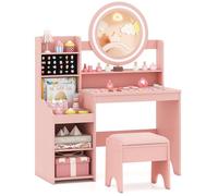 COSTWAY Coiffeuse Enfant Fille avec Tabouret et Miroir Lumineux, Bureau Enfant avec 4 Étagères Ouvertes et 3 Compartiments, Emplacements pour Bagues, Dispositif Anti-basculement pour 3 Ans+ (Rose)