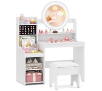 COSTWAY Coiffeuse Enfant Fille avec Tabouret et Miroir Lumineux, Bureau Enfant avec 4 Étagères Ouvertes et 3 Compartiments, Emplacements pour Bagues, Dispositif Anti-basculement pour 3 Ans+ (Blanc)