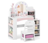 COSTWAY Coiffeuse Enfants Fille avec Chaise & Miroir Éclairé, Bureau Enfant Fille avec Bibliothèque & Étagères Ouvertes & Support pour Bijoux, Dispositif Anti-basculement pour 3 Ans+ (Blanc)