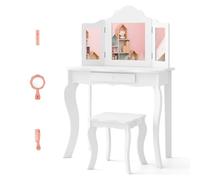 COSTWAY Coiffeuse et Tabouret pour Enfants, avec Miroir à 3Panneaux et Tiroir, Coiffeuse Amovible 2 en 1, Meuble MDF, 70 x 34 x 104 CM, Rose (Blanc)