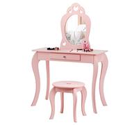 COSTWAY Coiffeuse pour Enfant avec Miroir, Inclus de Table de Maquillage et deTabouret, Dessus Amovible, Contemporain, 70 x 34 x 105 cm, Blanc (Rose)